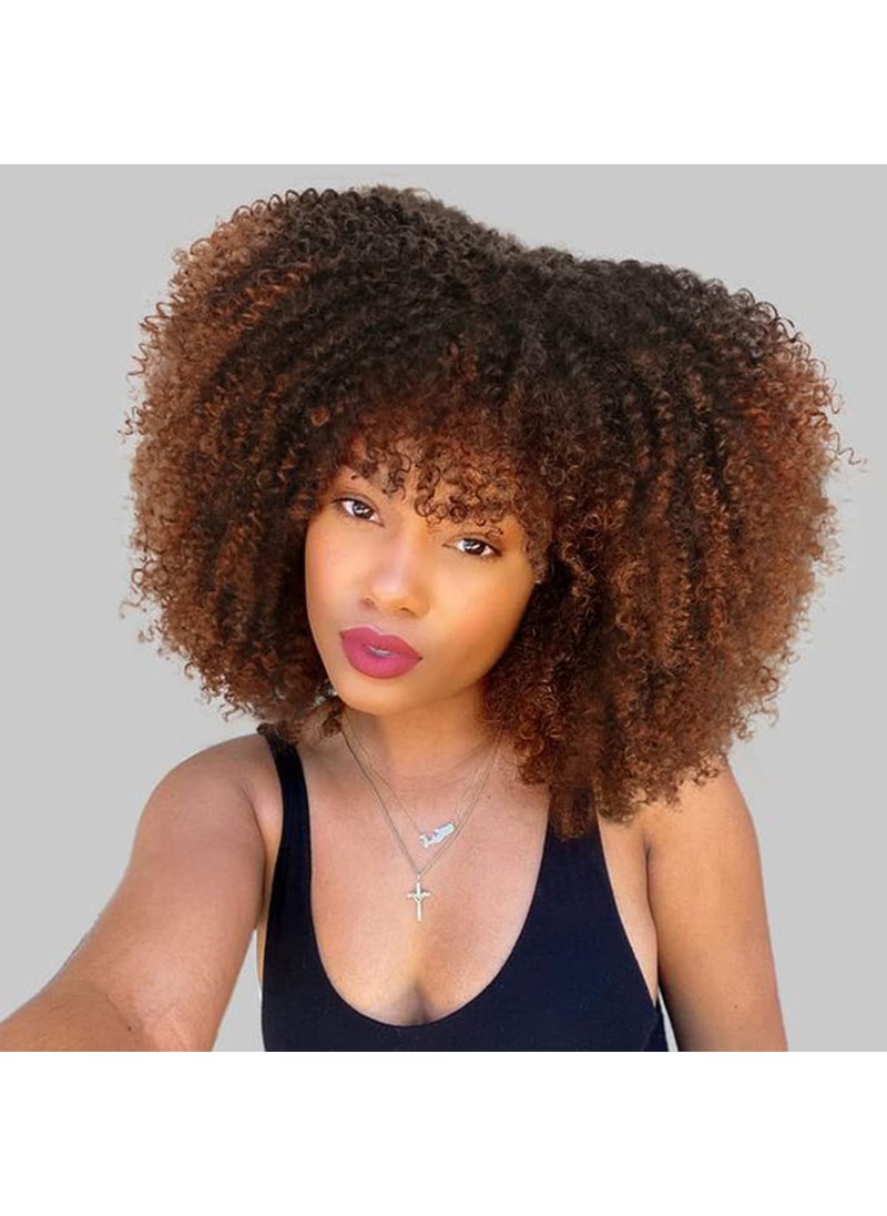 Hanne Fashion Hanne Fashion Kinky Curly Wig Afro Bomb Curly Wig with Bangs 14 Inch Short Synthetic Full Wigs for Black Women Glueless Fluffy Ombre Brown Wig 1B/30# 