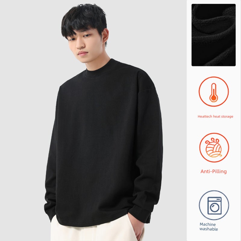 NINPURE fleece thickened 300G heavy solid color small neckline loose undershirt inner long-sleeved t-shirt for men and women - Image 2
