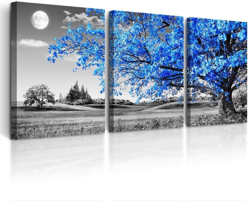 Al Raied ARS® Canvas Wall Art - Black and White Blue Tree Scenery - 3 Piece Set - Image 1