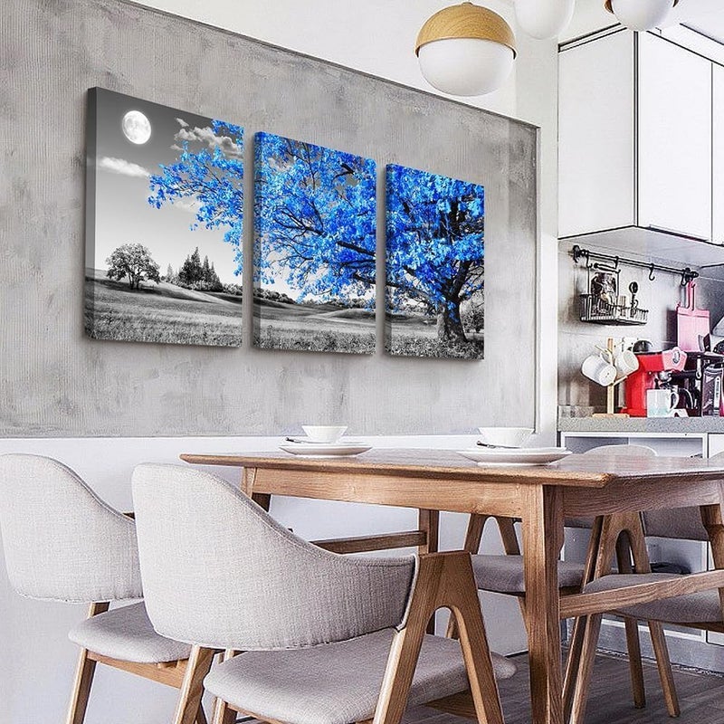 Al Raied ARS® Canvas Wall Art - Black and White Blue Tree Scenery - 3 Piece Set - Image 2