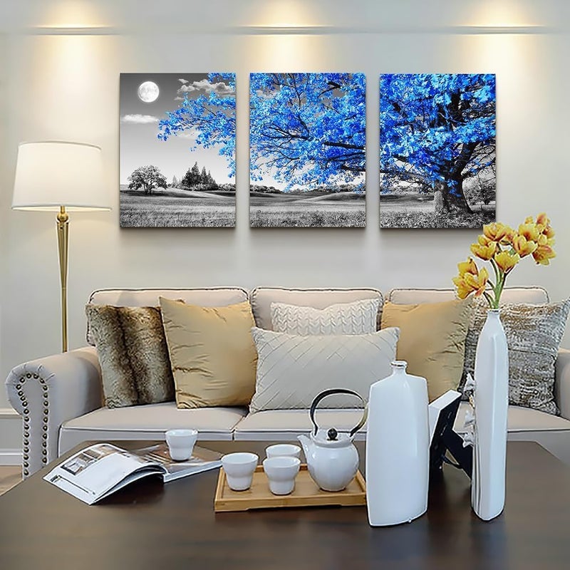 Al Raied ARS® Canvas Wall Art - Black and White Blue Tree Scenery - 3 Piece Set - Image 5