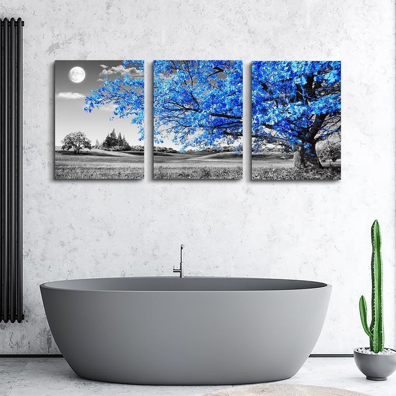 Al Raied ARS® Canvas Wall Art - Black and White Blue Tree Scenery - 3 Piece Set - Image 3