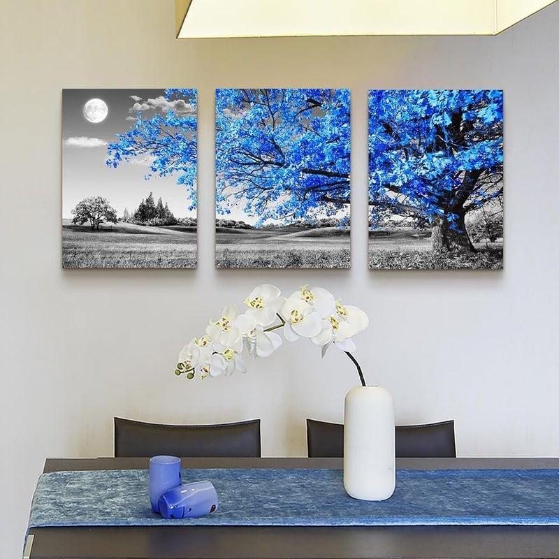 Al Raied ARS® Canvas Wall Art - Black and White Blue Tree Scenery - 3 Piece Set - Image 4