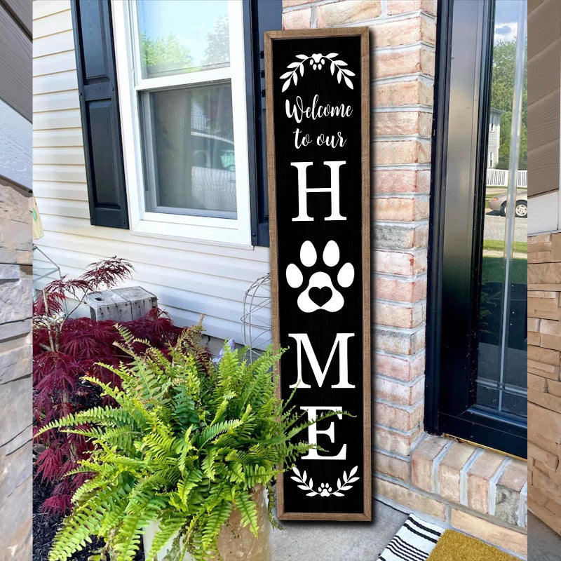Surfapans Welcome To Our Home Sign For Front Porch Standing 45"X9" Large Rustic Farmhouse Outdoor Tall Wood Framed Vertical Paw Print Welcome Signs Modern Outside Front Door Wall Decor (Wood Black) - Image 1