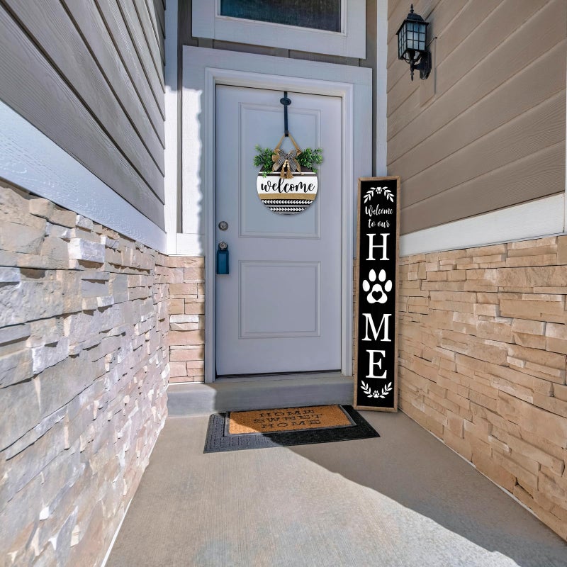 Surfapans Welcome To Our Home Sign For Front Porch Standing 45"X9" Large Rustic Farmhouse Outdoor Tall Wood Framed Vertical Paw Print Welcome Signs Modern Outside Front Door Wall Decor (Wood Black) - Image 3