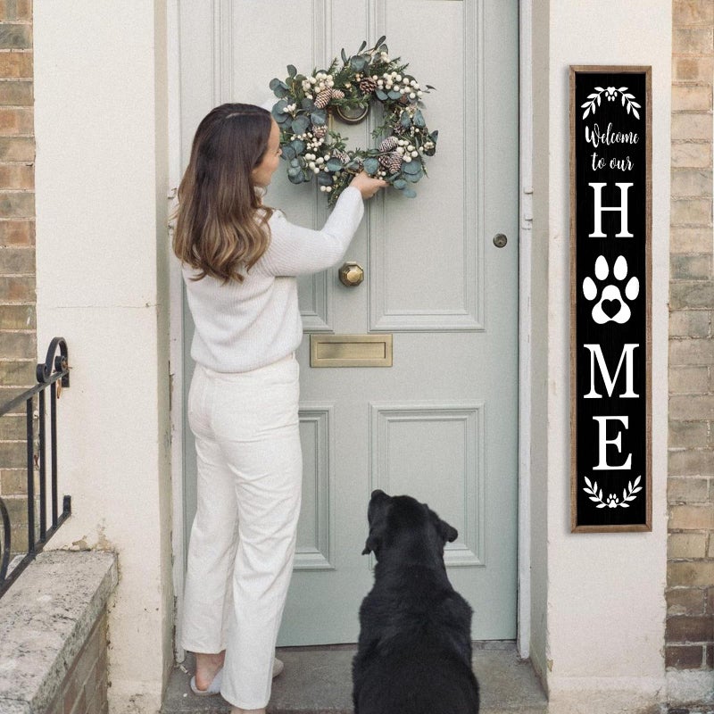 Surfapans Welcome To Our Home Sign For Front Porch Standing 45"X9" Large Rustic Farmhouse Outdoor Tall Wood Framed Vertical Paw Print Welcome Signs Modern Outside Front Door Wall Decor (Wood Black) - Image 4