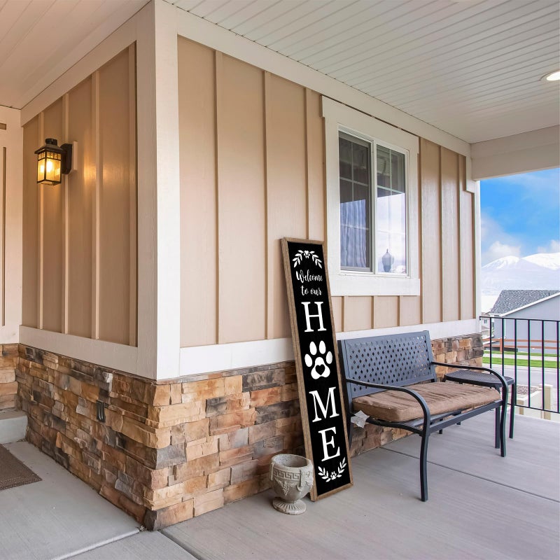 Surfapans Welcome To Our Home Sign For Front Porch Standing 45"X9" Large Rustic Farmhouse Outdoor Tall Wood Framed Vertical Paw Print Welcome Signs Modern Outside Front Door Wall Decor (Wood Black) - Image 5
