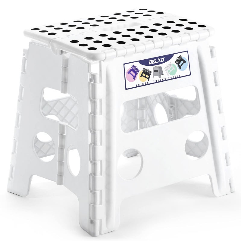Delxo 13" Folding Step Stool for Kids and Adults, Non-Slip Foldable Step Stools with Handle,Plastic Portable Folding Stool for Bathroom,Bedroom,Kitchen,Hold up to 300lbs White - Image 1