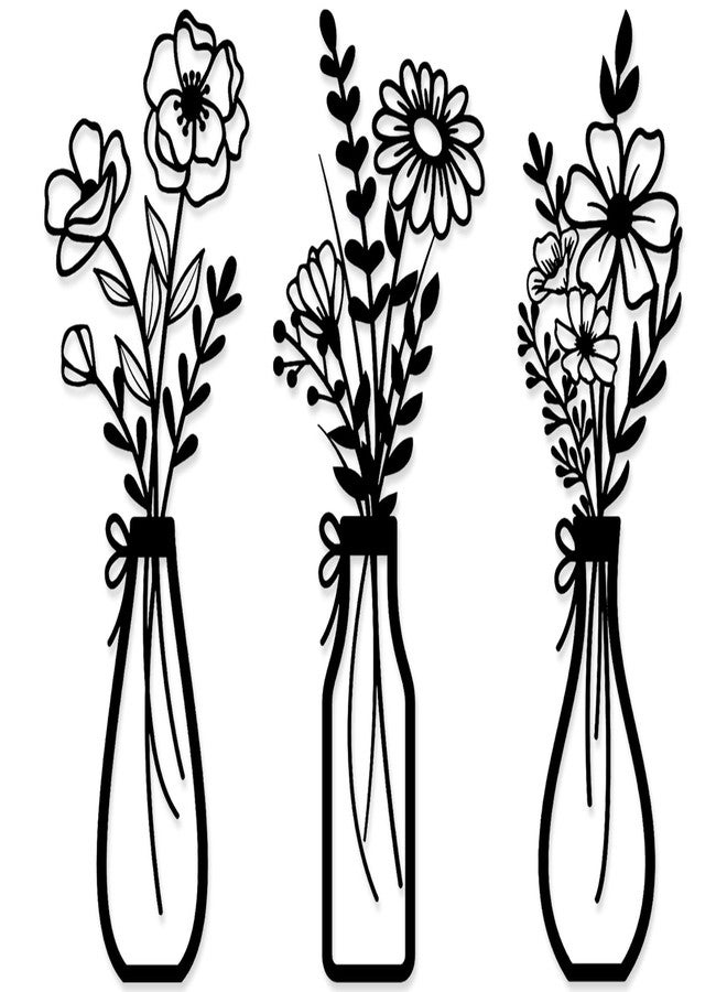 HEYTUYA 3 Pieces Metal Floral Art Flowers Wall Decor, Rustic Farmhouse Flower Wall Decors for Bathroom Living Room Kitchen Dining Room Bedroom, Housewarming Gifts, Black - Image 1