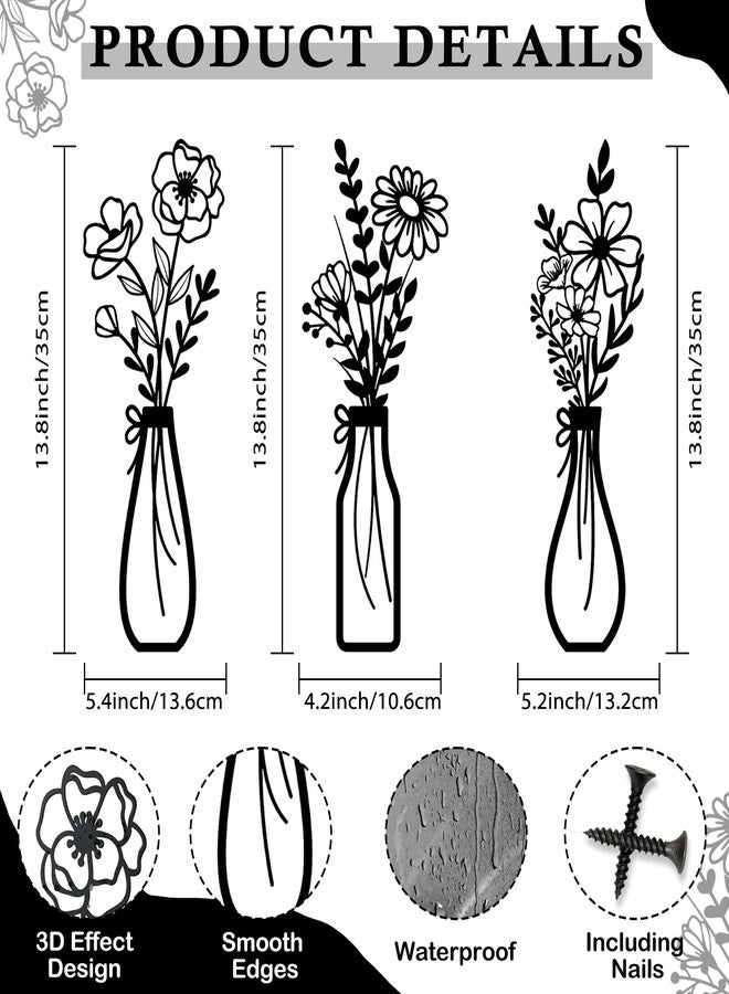 HEYTUYA 3 Pieces Metal Floral Art Flowers Wall Decor, Rustic Farmhouse Flower Wall Decors for Bathroom Living Room Kitchen Dining Room Bedroom, Housewarming Gifts, Black - Image 2