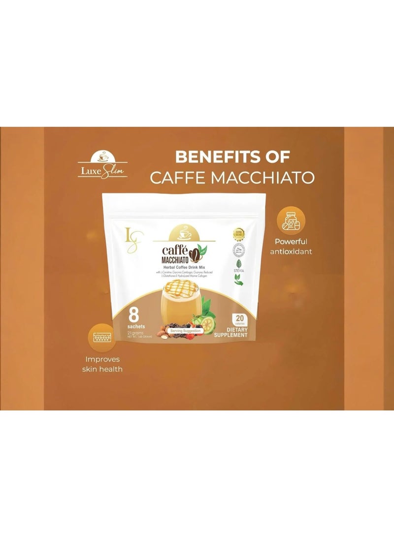 Luxe Slim Caffe Macchiato 8Sachets | 21g Each | Keto-Friendly, Non-Acidic Coffee | L-Carnitine, Collagen & Glutathione | Weight Management & Skin Health
