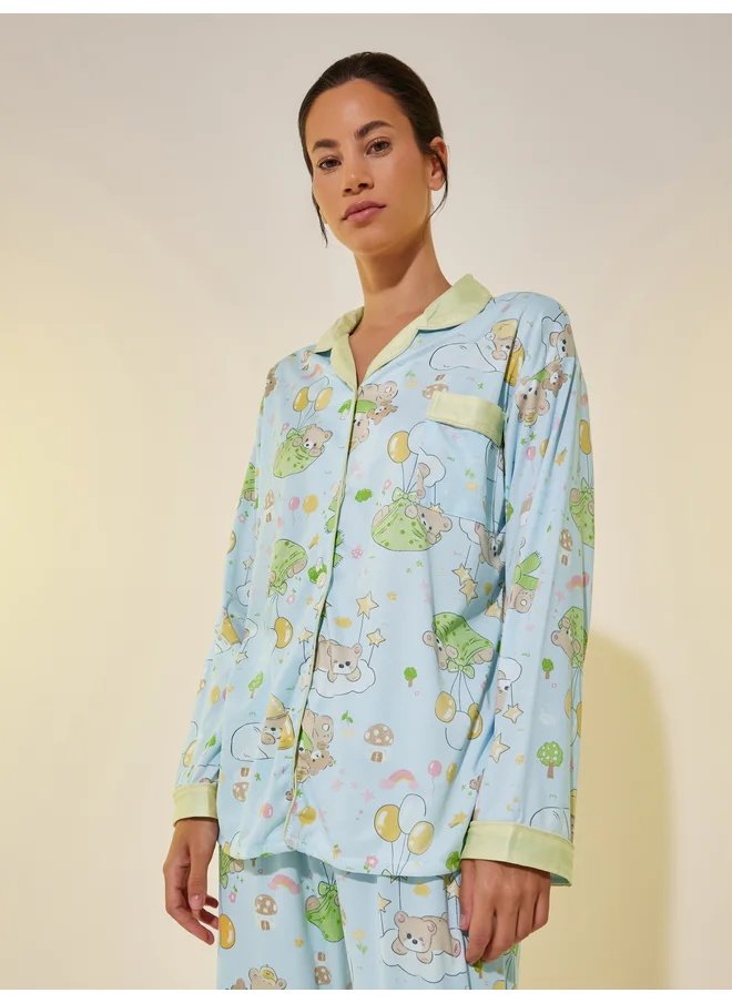 تايك تو Take Two Graphic Print Buttoned Shirt and Pyjama Set