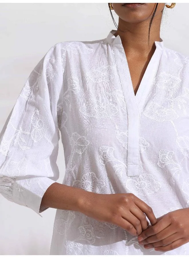 ترو برونز trueBrown White Cotton Schiffli Kurta Set