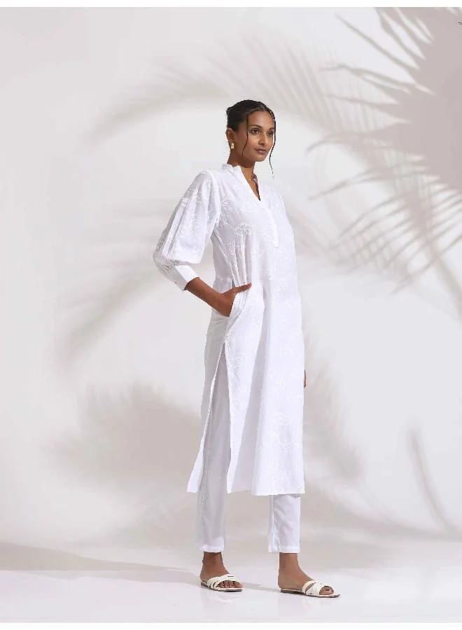 ترو برونز trueBrown White Cotton Schiffli Kurta Set