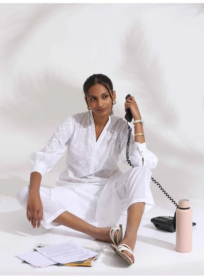 ترو برونز trueBrown White Cotton Schiffli Kurta Set