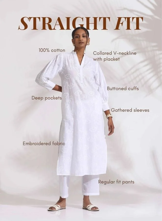 ترو برونز trueBrown White Cotton Schiffli Kurta Set