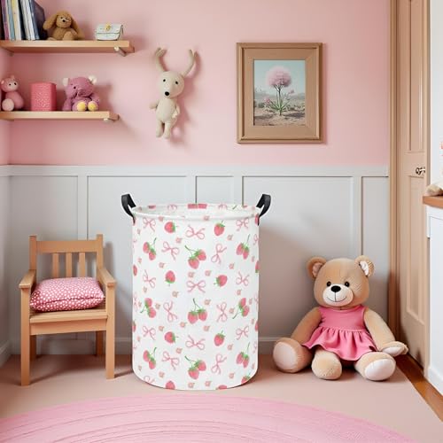 LATOGHIVE Baby Laundry Hamper kids laundry Basket Waterproof Storage Bin for Bedroom Toy Clothes Organizer Basket Woodland Animals Room Décor(Bowknot Strawberry) - Image 3