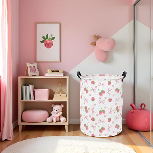 LATOGHIVE Baby Laundry Hamper kids laundry Basket Waterproof Storage Bin for Bedroom Toy Clothes Organizer Basket Woodland Animals Room Décor(Bowknot Strawberry) - Image 5