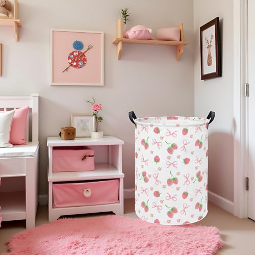 LATOGHIVE Baby Laundry Hamper kids laundry Basket Waterproof Storage Bin for Bedroom Toy Clothes Organizer Basket Woodland Animals Room Décor(Bowknot Strawberry) - Image 4