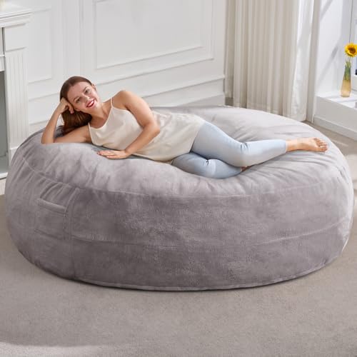 Hobestluk 6ft Bean Bag Chairs for Adults Large Beanbag Chair with Plush Faux Fur Cover Big Bean Bag Chair for Living Room Bedroom Dorm Office Grey 70 x 70 x 15