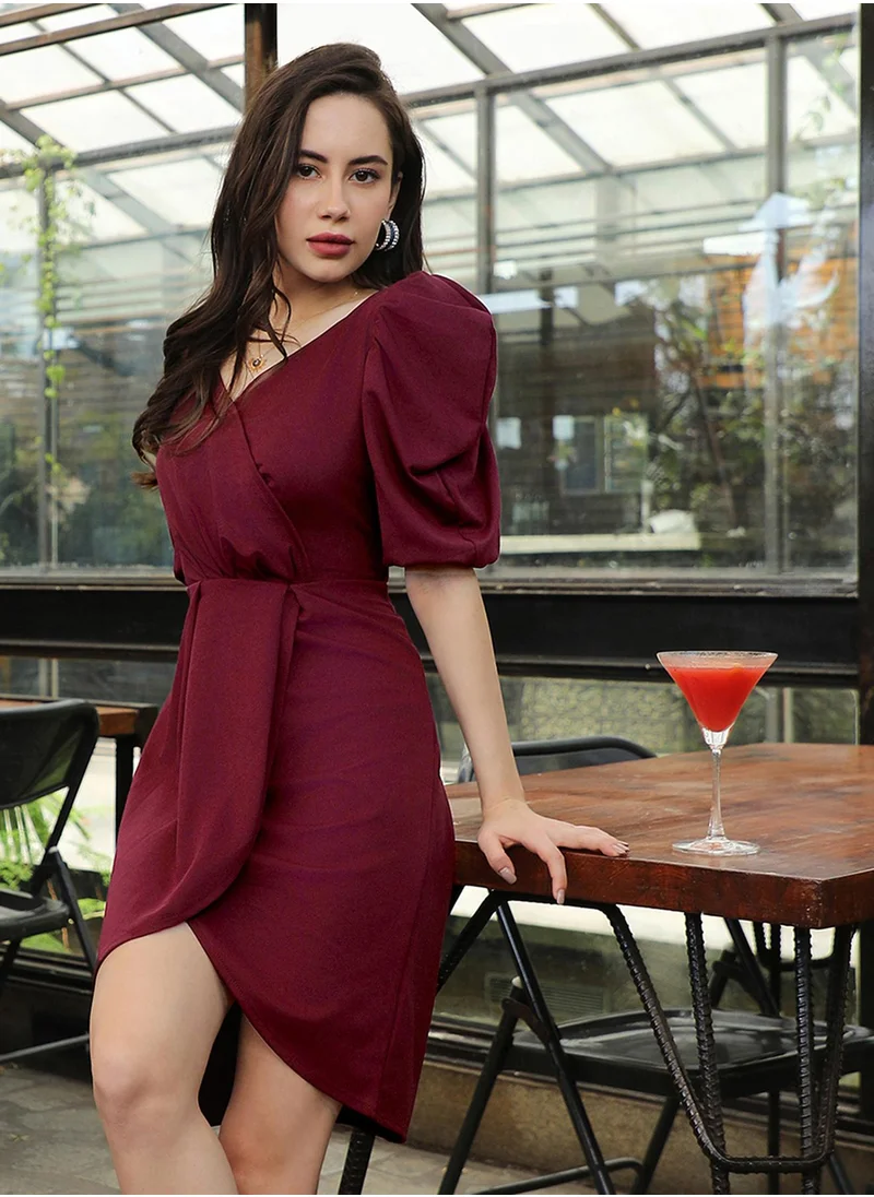 PINACOLADA Women's Maroon Red Puff-Sleeved Wrap Dress