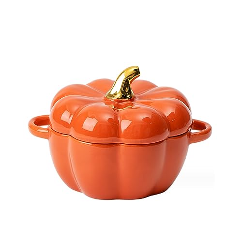 FTNESGYM Pumpkin Ceramic Bowl with Lid, Microwave & Dishwasher Safe MIni Dessert or Soup Bowl with Handle, Decor Dinnerware for Thanksgiving Halloween Pumpkin Party (Orange) - Image 1