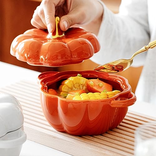 FTNESGYM Pumpkin Ceramic Bowl with Lid, Microwave & Dishwasher Safe MIni Dessert or Soup Bowl with Handle, Decor Dinnerware for Thanksgiving Halloween Pumpkin Party (Orange) - Image 2