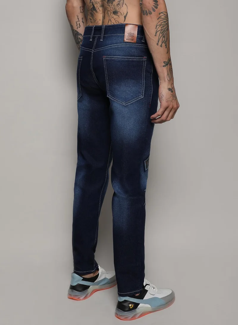 Campus Sutra Men's Dark Blue Embroidered Denim Jeans