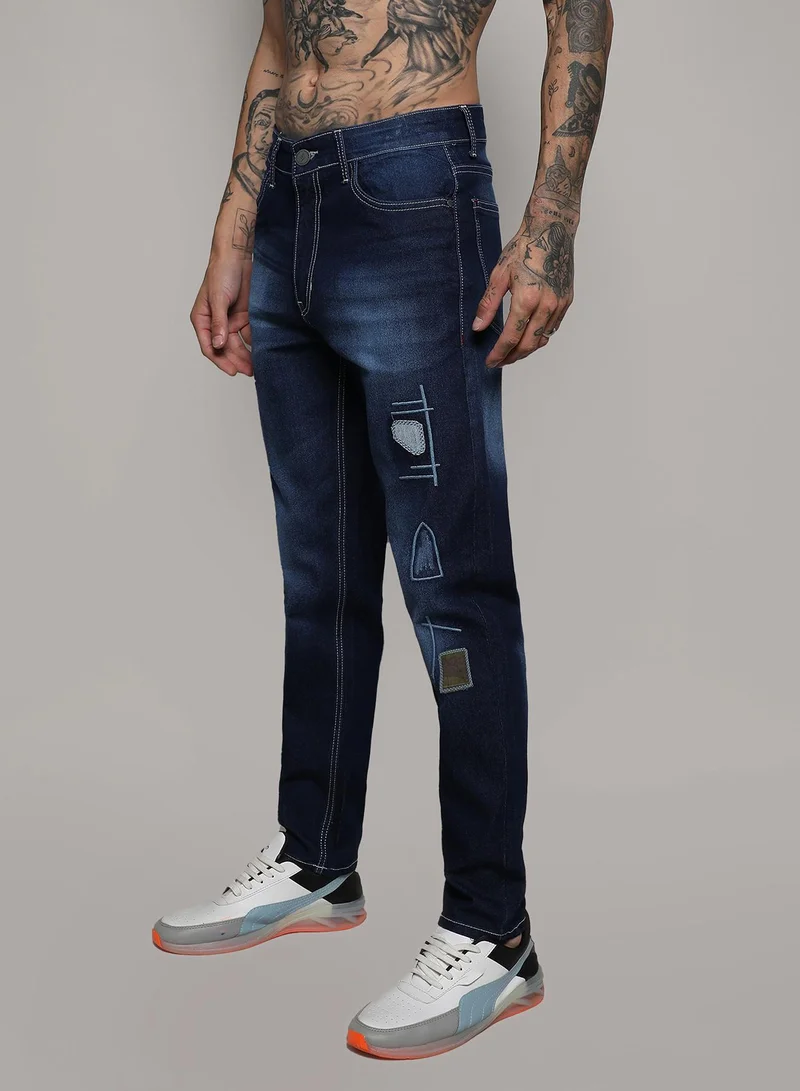 Campus Sutra Men's Dark Blue Embroidered Denim Jeans