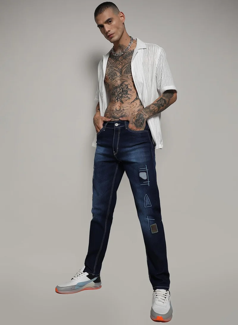 Campus Sutra Men's Dark Blue Embroidered Denim Jeans