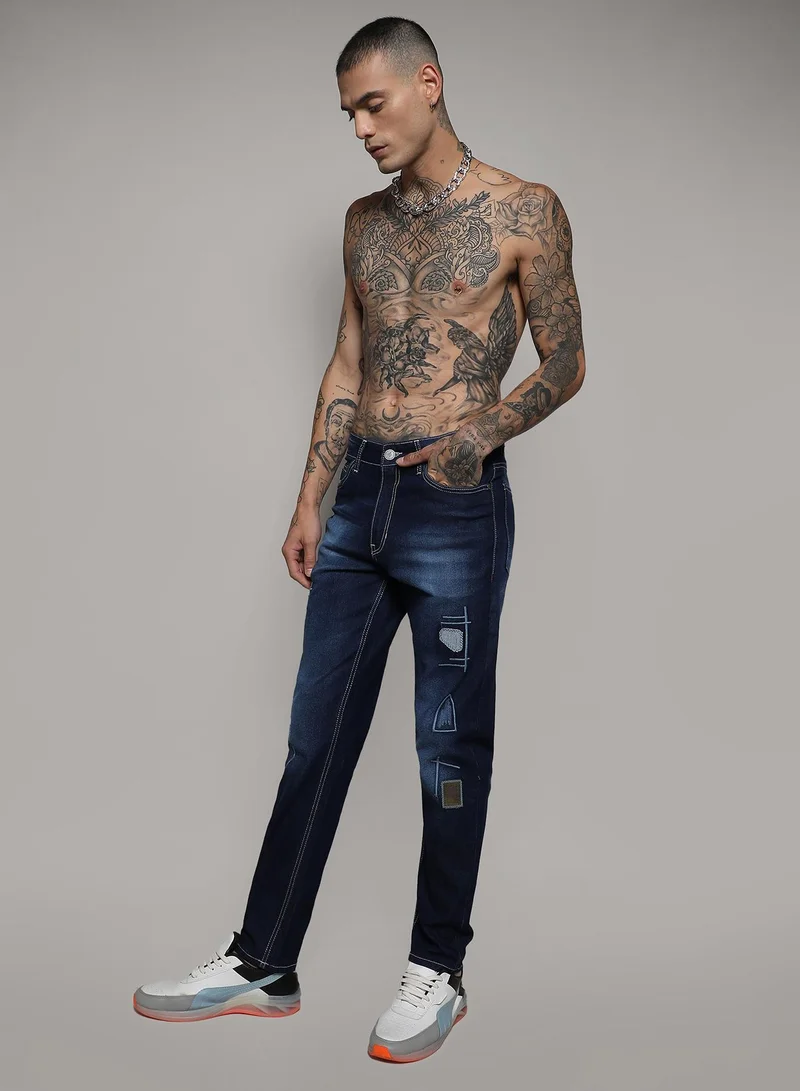 Campus Sutra Men's Dark Blue Embroidered Denim Jeans