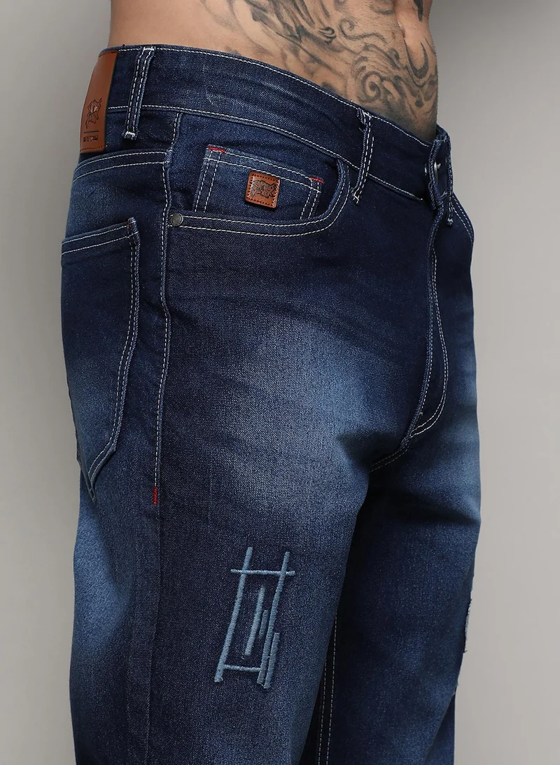 Campus Sutra Men's Dark Blue Embroidered Denim Jeans