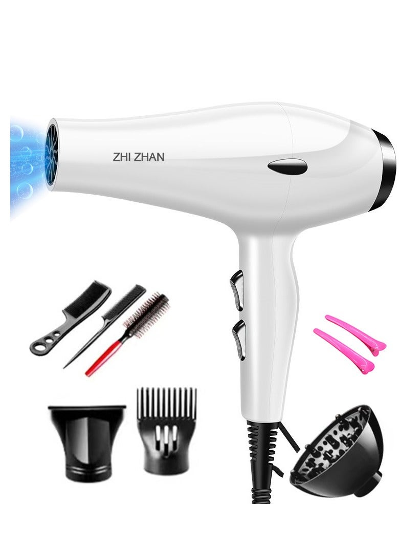 ZHIZHAN ZHIZHANprofessional hair dryer 2600W AC motor salon hair dryer 8-piece set, 2-speed 3-heating setting, equipped with radiator nozzle, white/black  - Image 1