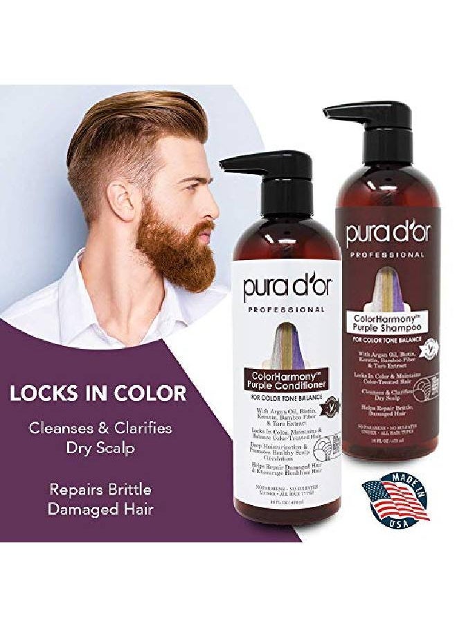 Pura d'or - Purple Shampoo & Conditioner (16Oz X 2) Colorharmony Biotin Set For Bleached Blonde Silver & Color Treated Hair Keratin Bamboo Fiber No Sulfates Natural Ingredients Men & Women - Image 1