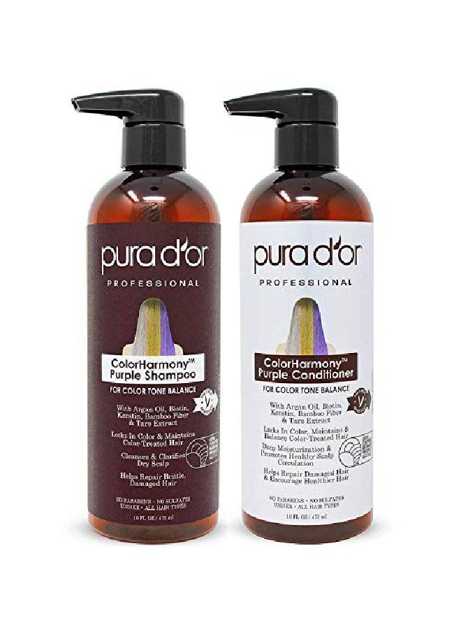 Pura d'or - Purple Shampoo & Conditioner (16Oz X 2) Colorharmony Biotin Set For Bleached Blonde Silver & Color Treated Hair Keratin Bamboo Fiber No Sulfates Natural Ingredients Men & Women - Image 1