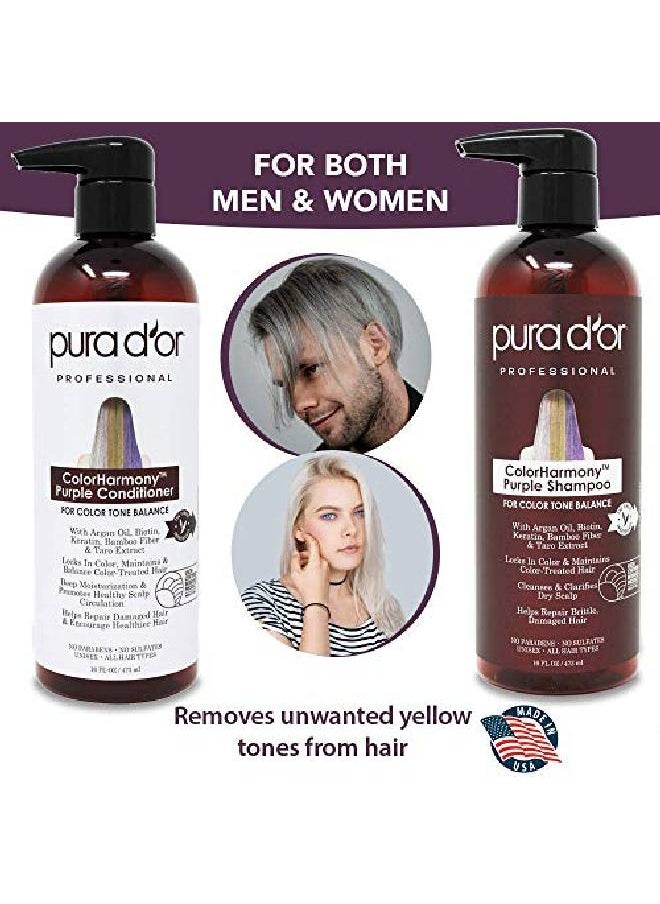 Pura d'or - Purple Shampoo & Conditioner (16Oz X 2) Colorharmony Biotin Set For Bleached Blonde Silver & Color Treated Hair Keratin Bamboo Fiber No Sulfates Natural Ingredients Men & Women - Image 1