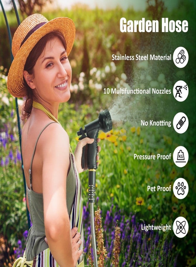Crixny Heavy Duty50 FT Stainless Steel Garden Hose - Flexible Metal Water Hose with 10 Function Nozzle for Outdoor Use - Image 2