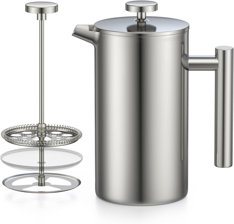Enfmay إبريق قهوة من نوع الفرنش بريس، سعة 1 لتر (8 أكواب)، مصنوع من فولاذ مقاوم للصدأ من النوع 304، مع عزل ثنائي الجدران، ويحتوي على مرشح يدوي بالإضافة إلى مرشح احتياطي واحد، ونظام تصفية من 3 مراحل، لونه فضي. - Image 1
