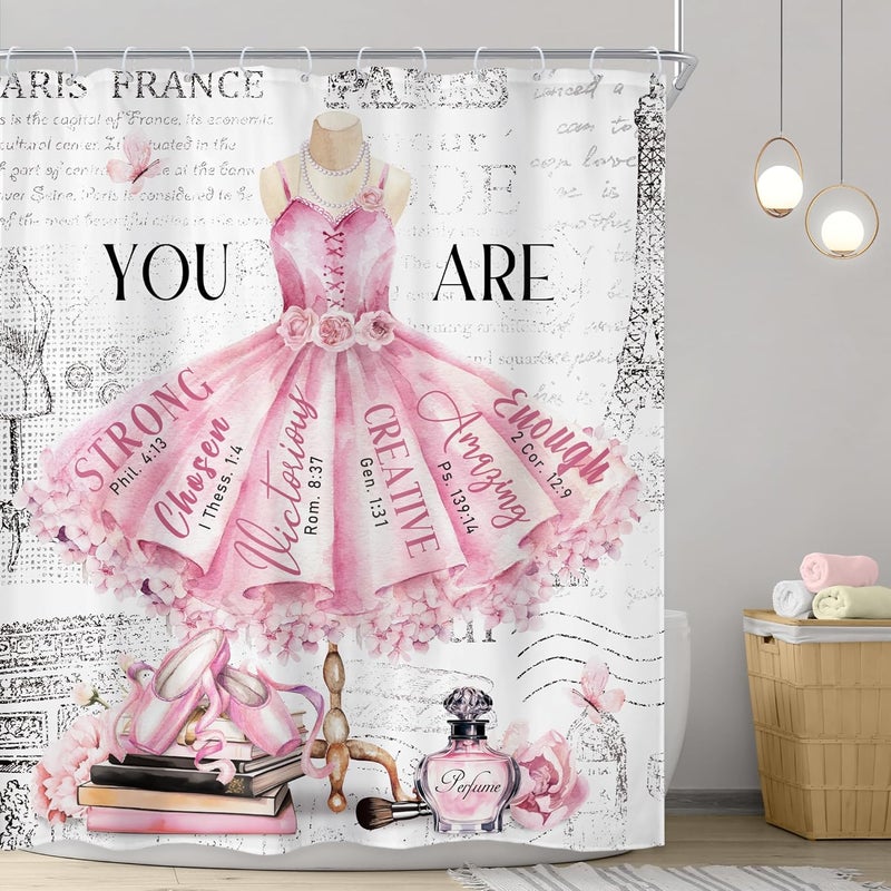 Riyidecor Riyidecor Ballet Pink Girls Shower Curtain 60Wx72H Inch Fashion Girly Dress Paris Modern Ballerina Motivational Quote Flower Perfume Book Bathroom Decor Fabric Polyester Waterproof 12 Pack Hooks  - Image 2