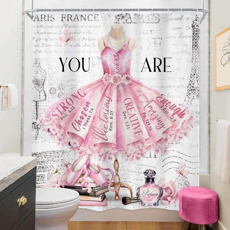 Riyidecor Riyidecor Ballet Pink Girls Shower Curtain 60Wx72H Inch Fashion Girly Dress Paris Modern Ballerina Motivational Quote Flower Perfume Book Bathroom Decor Fabric Polyester Waterproof 12 Pack Hooks  - Image 4