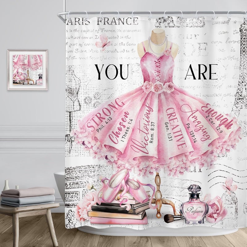 Riyidecor Riyidecor Ballet Pink Girls Shower Curtain 60Wx72H Inch Fashion Girly Dress Paris Modern Ballerina Motivational Quote Flower Perfume Book Bathroom Decor Fabric Polyester Waterproof 12 Pack Hooks  - Image 3