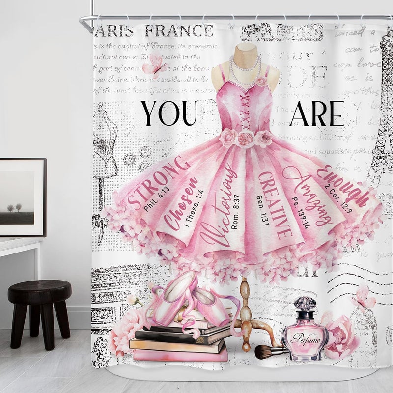 Riyidecor Riyidecor Ballet Pink Girls Shower Curtain 60Wx72H Inch Fashion Girly Dress Paris Modern Ballerina Motivational Quote Flower Perfume Book Bathroom Decor Fabric Polyester Waterproof 12 Pack Hooks  - Image 1