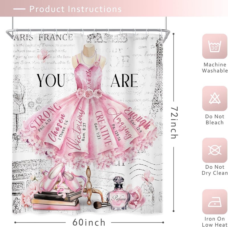 Riyidecor Riyidecor Ballet Pink Girls Shower Curtain 60Wx72H Inch Fashion Girly Dress Paris Modern Ballerina Motivational Quote Flower Perfume Book Bathroom Decor Fabric Polyester Waterproof 12 Pack Hooks  - Image 5