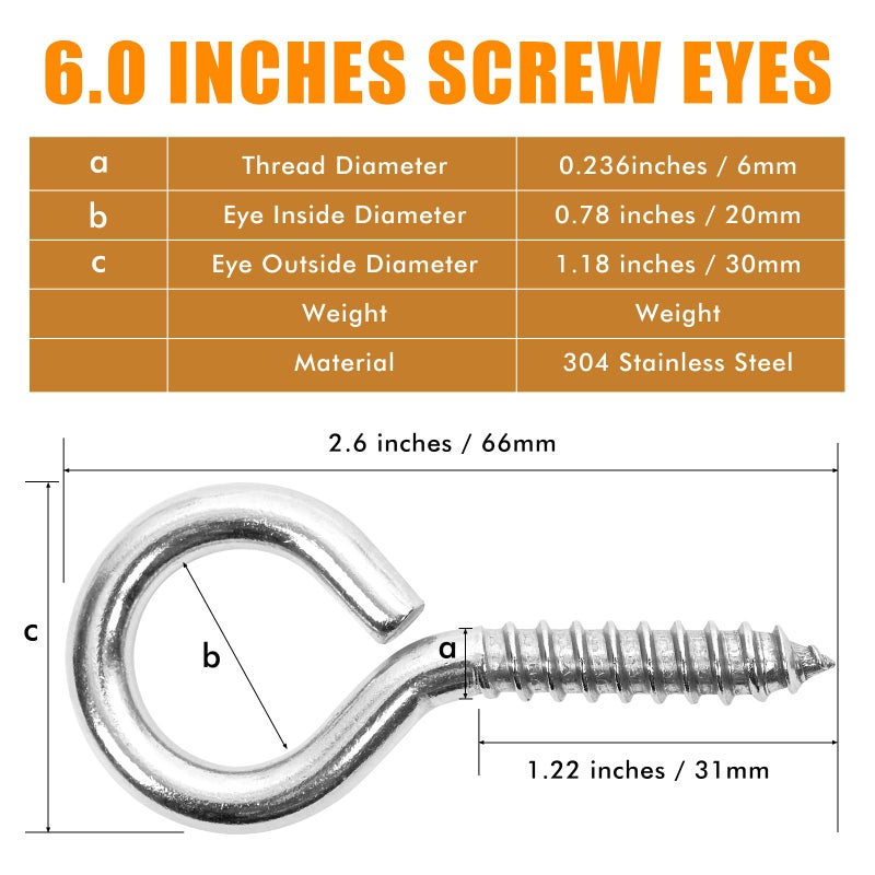 ACCZIO 10PCS 2.5 inches Screw Eyes M6 304 Stainless Steel Eye Screws, Heavy Duty Screw, Eye Hooks Screw Eye Bolts Eye Hooks Screw, Indoor & Outdoor Uses (10, M6-2.5inch) - Image 2