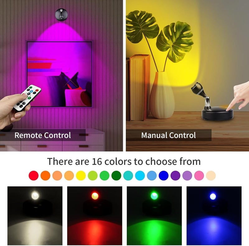 LEASTYLE Wireless Spotlight Indoor,Battery Operated Grow Light for Plants with Remote, LED Cordless Dimmable Picture Lights for Wall Paintings Artwork Display(2 Pack) - Image 2