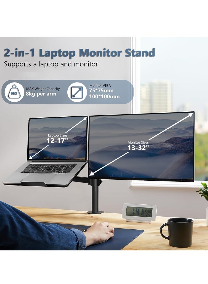 spa luxetique Monitor Laptop Mount Stand, Gas Spring Dual Monitor Arm Stand with Laptop Tray Fully Adjustable 12 to 17 inch Notebook Desk Mount Stand with Clamp Fits 13-32’’ LCD Computer Screen Office - Image 2