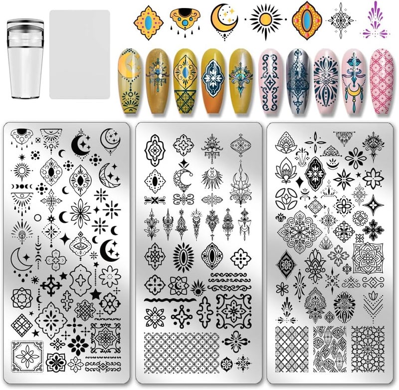 PH PandaHall 3pcs Vintage Totem Nail Stamping Plates Ethnic Styles Nails Art Stencils Bohemian Manicure Art Templates Moon Star Nail Image Plate for Women DIY Manicures Salon Design Print