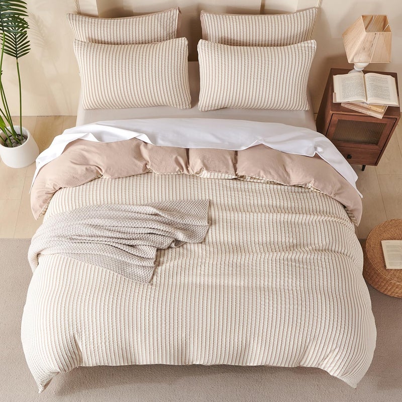 BUPIRD King Comforter Set Striped Beige 100% Soft Washed Microfiber Jacquard 3 Pieces King Striped Bedding Sets Beige White Comforter for All Seasons and 2 Pillowcases Comfort Breathable - Image 4
