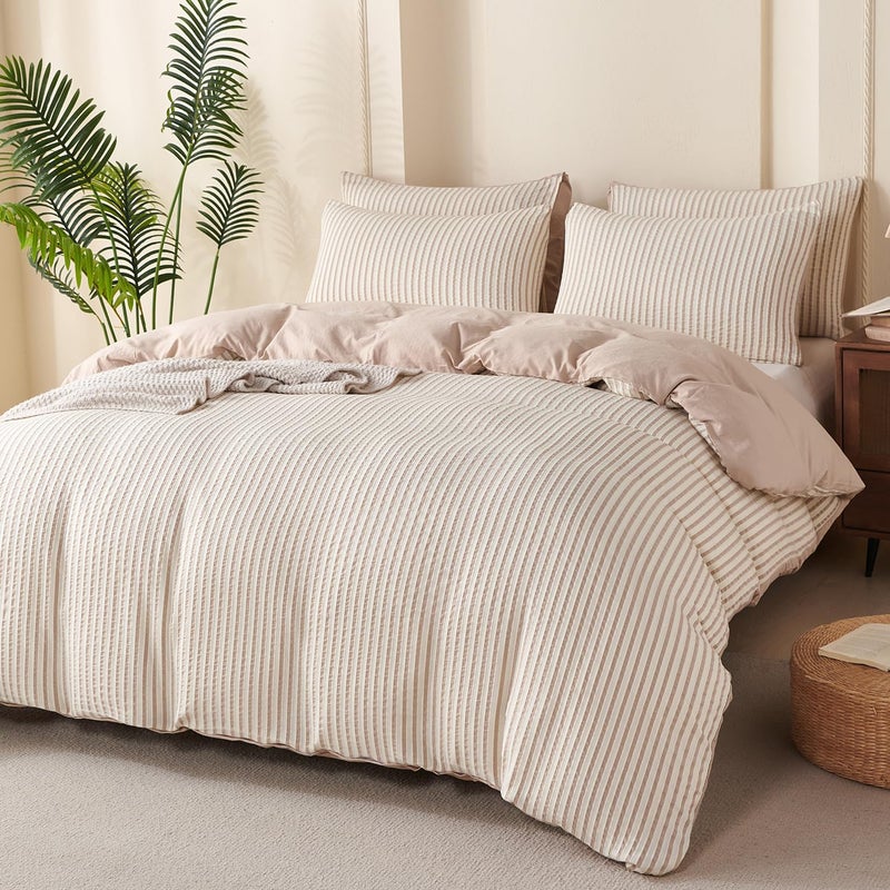 BUPIRD King Comforter Set Striped Beige 100% Soft Washed Microfiber Jacquard 3 Pieces King Striped Bedding Sets Beige White Comforter for All Seasons and 2 Pillowcases Comfort Breathable - Image 5