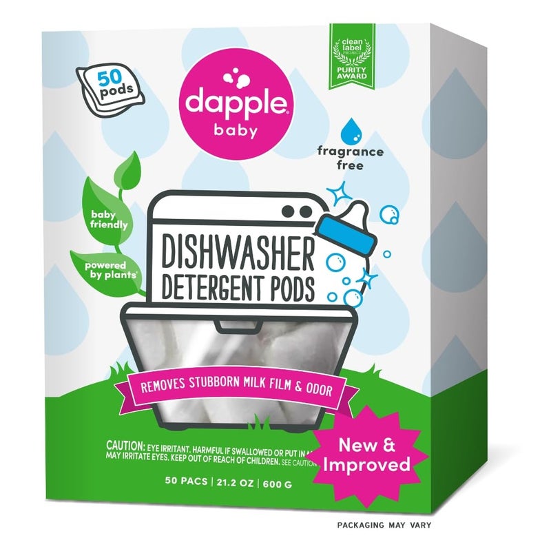Dapple Baby Dishwasher Pacs, Hypoallergenic Dishwasher Pods Powered by Plants, Removes Milk Residue & Odor on Dishes, Baby Bottles & Kitchenware, Fragrance Free, 50 count - Image 1